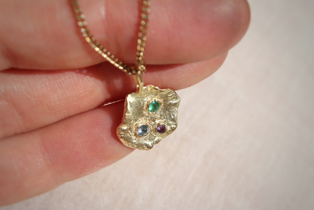 14k Melted Medallion - emerald, aquamarine, amethyst