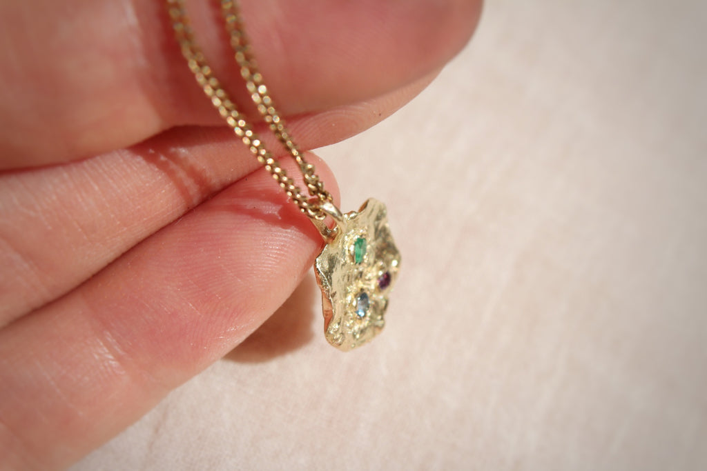 14k Melted Medallion - emerald, aquamarine, amethyst
